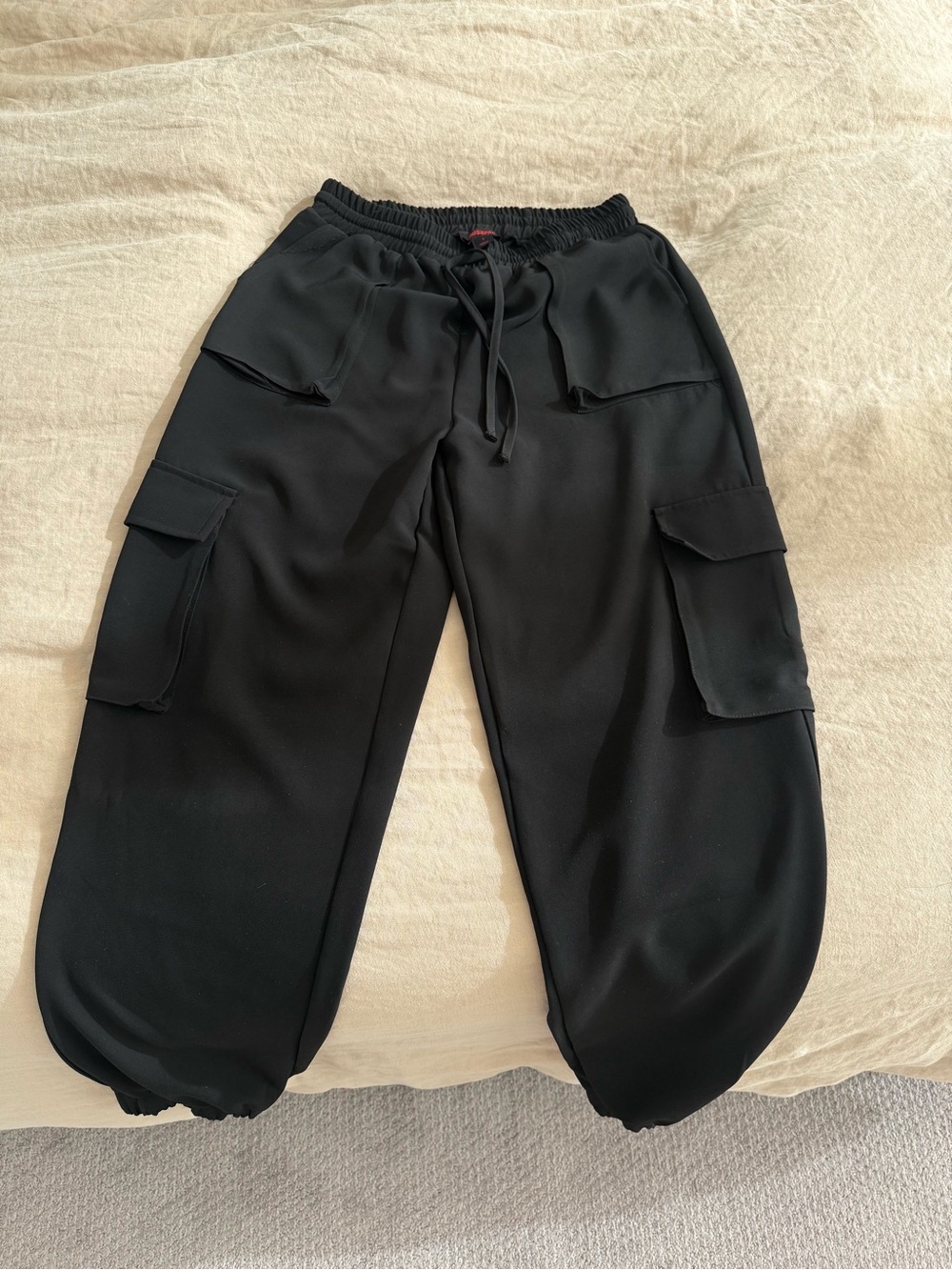 Black Cargo Jogger Pants with Elastic Drawstring Waist